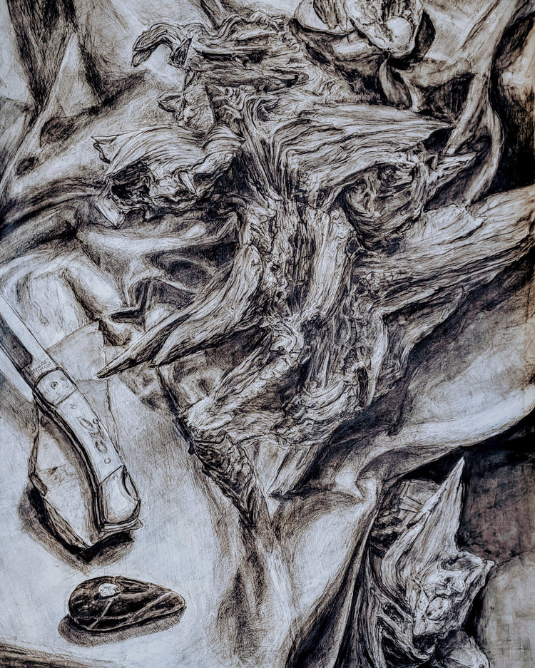 Still Life of Driftwood, Rocks, and a Knife. by Evan Grimminck