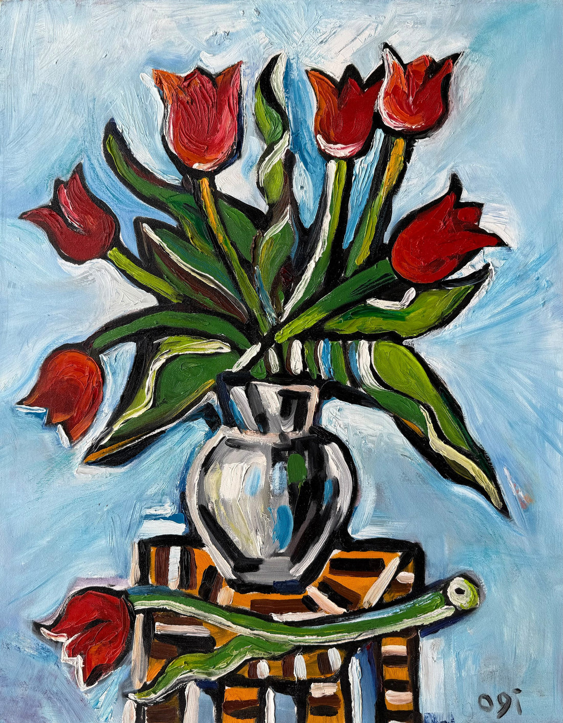 Red Tulips on Blue Background
