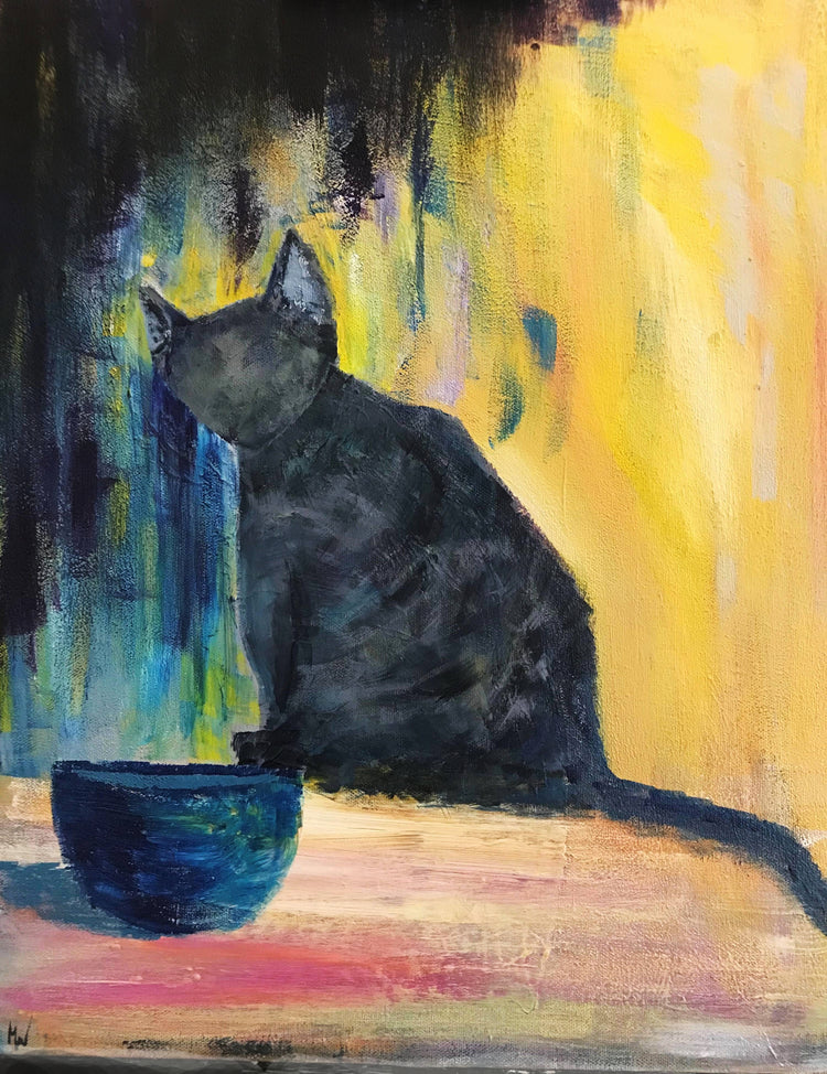 Gray Cat - Blue Bowl
